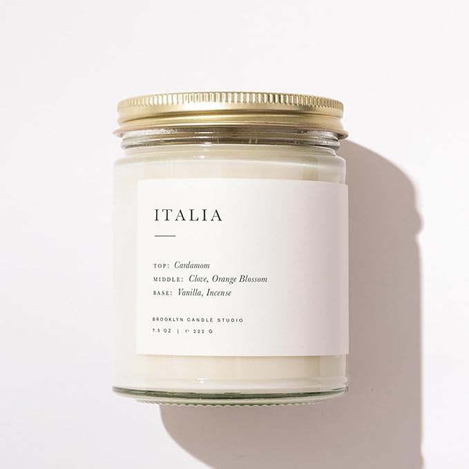 Brooklyn Candle Studio Italia Jar Candle - Luxury Scented Candle, Vegan Soy Wax, Hand Poured in The USA, 50 Hour Slow Burn Time - 7.5oz