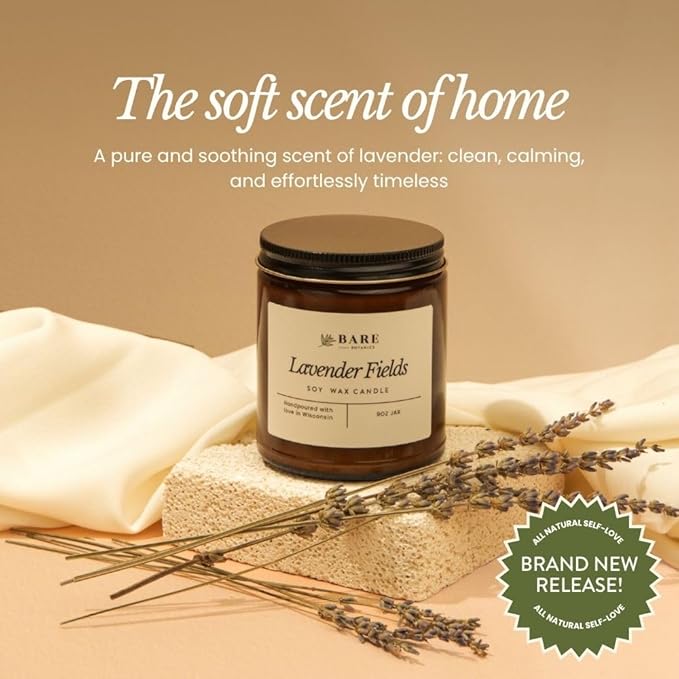 Bare Botanics Lavender Fields 9oz Soy Candle - 100% Plant-Based Fragrance Oils - Premium, Non-Toxic Candle - Softly Scented Natural Soy Wax - Handpoured in WI - 40 Hrs Long Burning & Ready to Gift