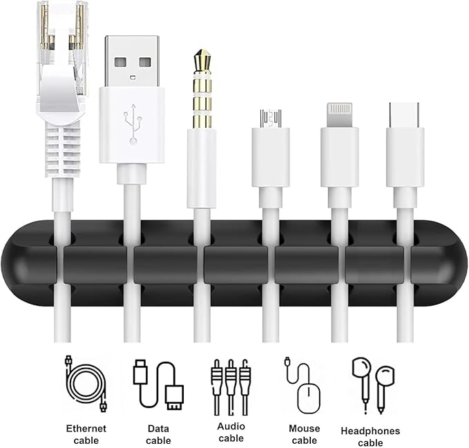 Multi-Purpose Cable Management System, Silicone Wire Organizer Clips Set, Black, 9-Piece Kit with 4 Sizes, Desktop and Office Cable Holder for Charging, Data, Network, Audio Cables