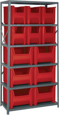 Quantum Storage Systems QSBU-600800RD Solid Heavy Duty 6 Shelves 12 Giant Stack Red Bins 75" H x 36" W x 18" D