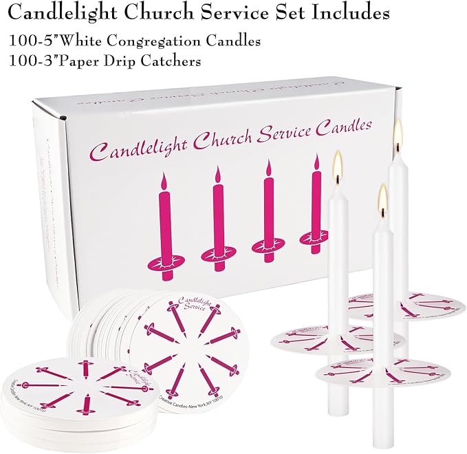 100-Pack White Unscented Taper Candles with Drip Protectors, 4.7" x 0.47" - Smokeless Pure Wax Prayer Candles for Church, Vigil, Memorial, Shabbat & Religious Services