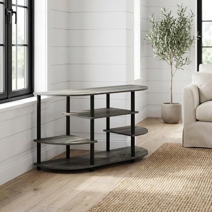 Furnifact French Oak Grey/Black Corner TV Stand with Simple Design, Durable Composite Wood and Plastic Tubes, Modern Storage Solution for Living Room