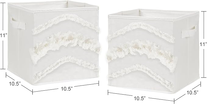 Sweet Jojo Designs Ivory Boho Bohemian Foldable Fabric Storage Cube Bins Boxes Organizer Toys Kids Baby Childrens - Set of 2 - Neutral Off White Farmhouse Chic Unisex Minimalist Fringe Macrame