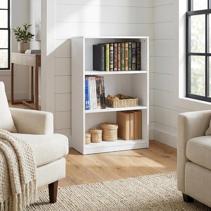 Furnifact White 3-Shelf Bookcase with Spacious Shelves, Durable Material, Modern Design, Ideal for Living Room, Office, or Bedroom Storage