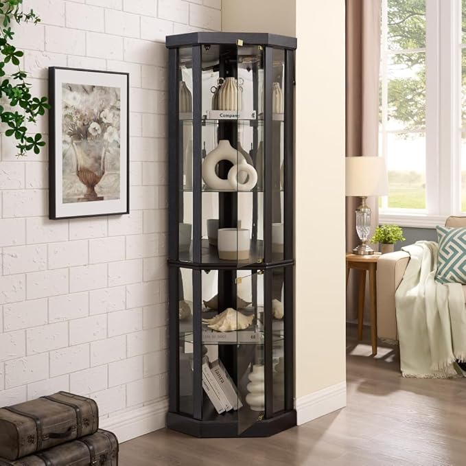Corner Lighted Glass Curio Cabinet for Living Room Space Saving Vertical Tall Display Case with Light for Antique Wine Bar Glass Storage (Black)