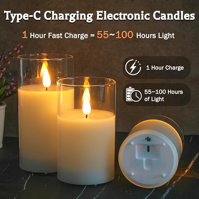 Rechargeable Flameless Glass Pillar Candles–Mothers Day Gifts,–Set of 3, Realistic Flickering LED Light,Remote & Timer, Ideal for Living Room, Bedroom & Birthday Gifts for Mom