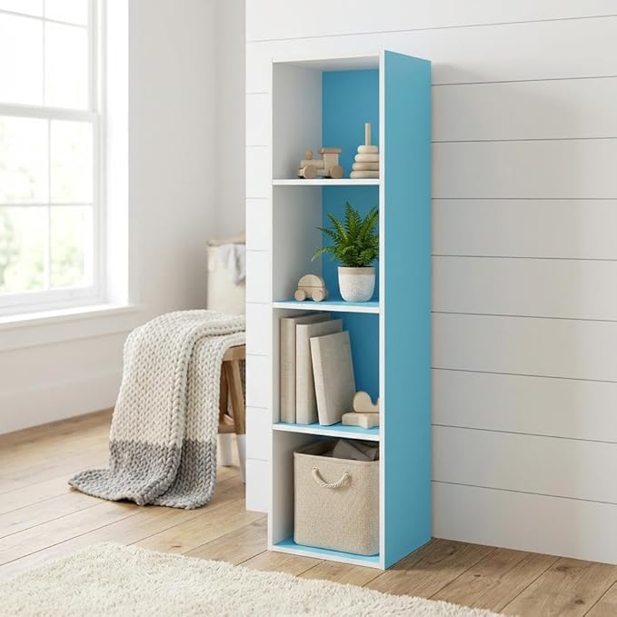 Furnifact Light Blue White Bookcase with Wood Material, Modern Design, Spacious Shelving, Durable Construction for Living Room or Office Storage