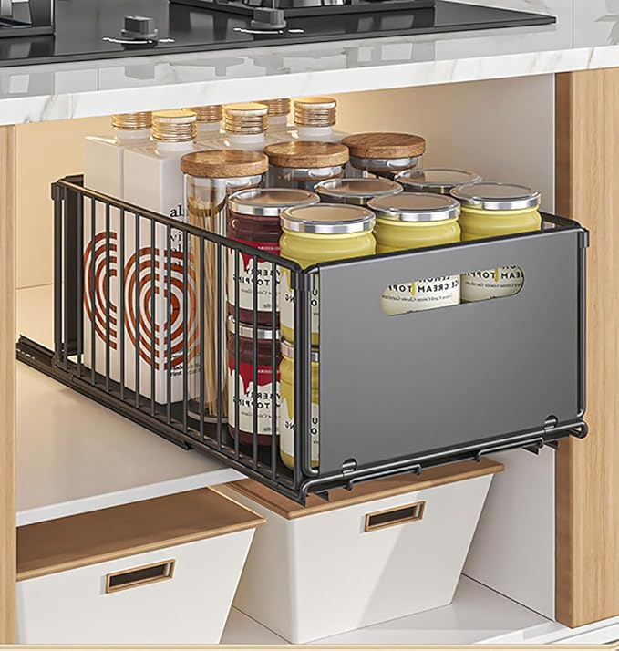 YunNasi Pull Out Cabinet Organizer Slide Out Drawer Storage Shelves Cupboard Organiser Sliding Cabinet Basket for Kitchen No Drilling and Nailing (Black, 4Piece 9.8" W X15 D X 7.5" H)