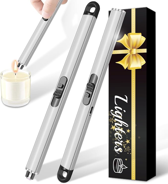 2 Pack Electric Candle Lighters, USB Rechargeable Lighter with Windproof Flameless & Extended Handle, Suitable for Candles, BBQ, Camping, Gas Stove, Festivals Gift (Sliver, 2 Packs-B)