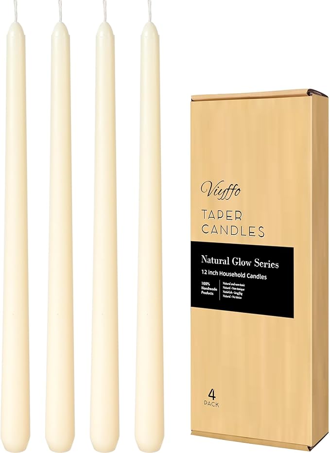 Viyffo Taper Candles, 12 Inch, 4 Pack, Ivory – Unscented, Dripless & Smokeless Design, Up to 8-Hour Burn – Tall Candlesticks for Wedding, Dinner & Home Decor