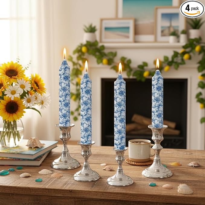 9 Inch Blue and White Thick Taper Candles Hand Poured Smokeless Unscented Clean Burning Chinoiserie Floral Candles for Wedding Centerpiece Nautical Ceremony Tall Candle Sticks