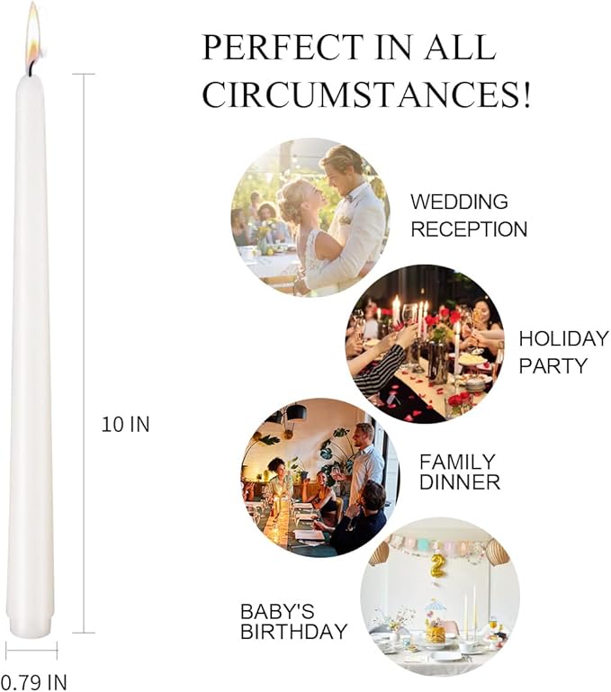 White Taper Candles, Set of 24 Unscented and Smokeless 10 Inch Taper Candles Long Burning, Paraffin Wax with Cotton Wicks for Burning Approxinately 7-8 Hours Time