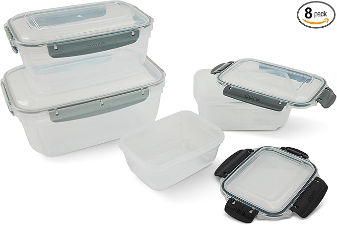 Core Kitchen Nested Food Storage Containers – 8-Piece Set with 4 Airtight Locking Lids – BPA-Free, Stackable, Microwave, Freezer & Dishwasher Safe - Clear