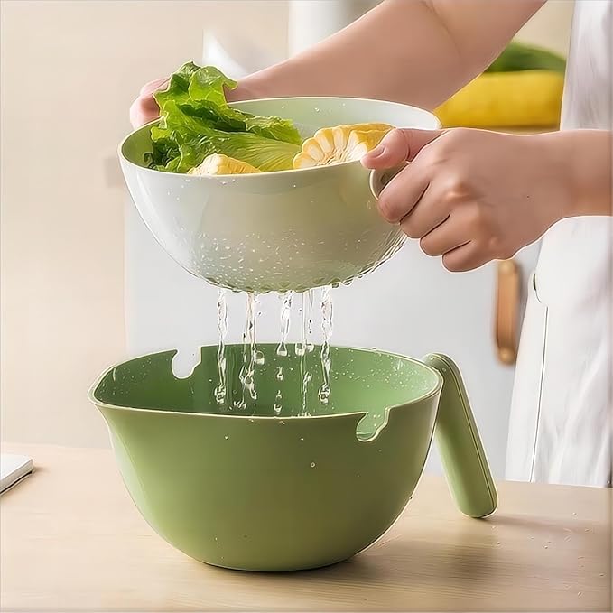 2-1 Kitchen Colander Rotating Washing Basket with Handle - Pasta Strainer - Fruit Washing Bowl with Strainer - Fruit Rinser Container (Avocado Green)
