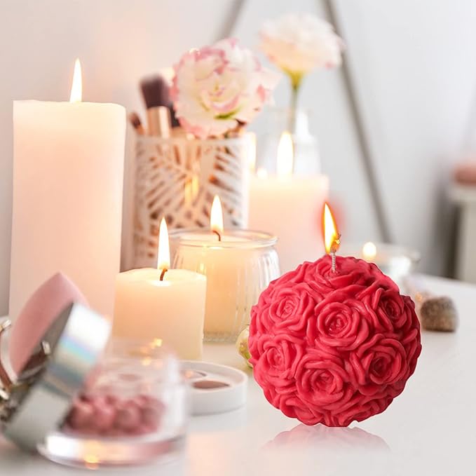 Large Rose Ball Candle Molds 3D Rose Flowers Silicone Mould Valentine's Day Resin Casting Mold for DIY Candle Making Homemade Soap Polymer Clay Craft Plaster