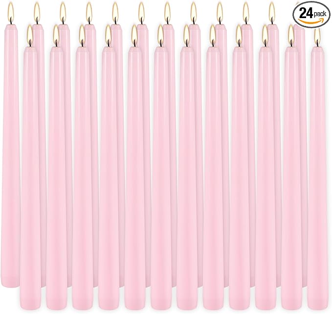 10 Inch Pink Taper Candles Set of 24,Unscented,Smokeless and Dripless Candlestickst for Valentine's Day,Household, Wedding, Party and Home Décor Candlesticks,Shabbat,8 Hours Burn Time
