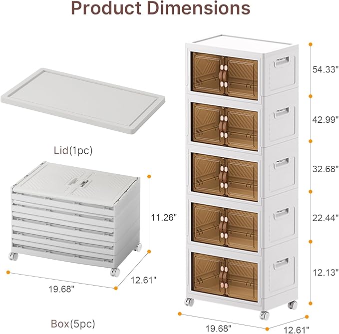 UAMFURI Stackable Storage Bins with Lids, 240QT Closet Organizers, Lockable Storage Cabinet, Foldable Storage Box with Doors and Wheels, Plastic Drawers for Home, Garage, Office (5, White, Medium)