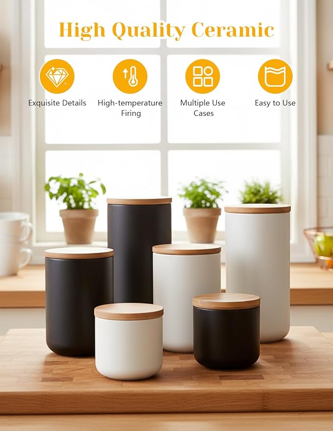 YYW Ceramics Food Storage Jar Canister with Airtight Seal Bamboo Lid, Simple Style Kitchen Canister for Food Storage, Store Coffee, Sugar, Tea, Spices and More (White (33.81oz/1000ml))