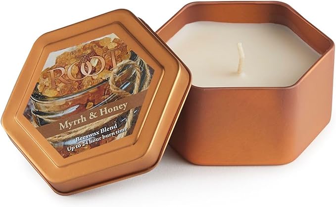 Root Candles Scented Candles in Travel Tin 24-Hour Honeycomb Traveler Handcrafted Beeswax Blend Candle, 4-Ounce, Myrrh & Honey