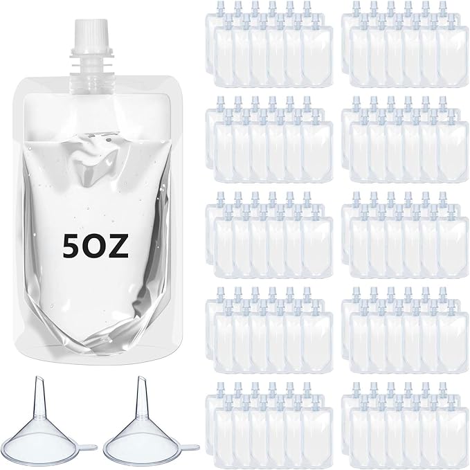 100 Pcs Plastic Pouches Bulk Clear Juice Bags Squeeze Pouches Plastic Leak Proof Bags with Funnel for Party Favors (5 oz)