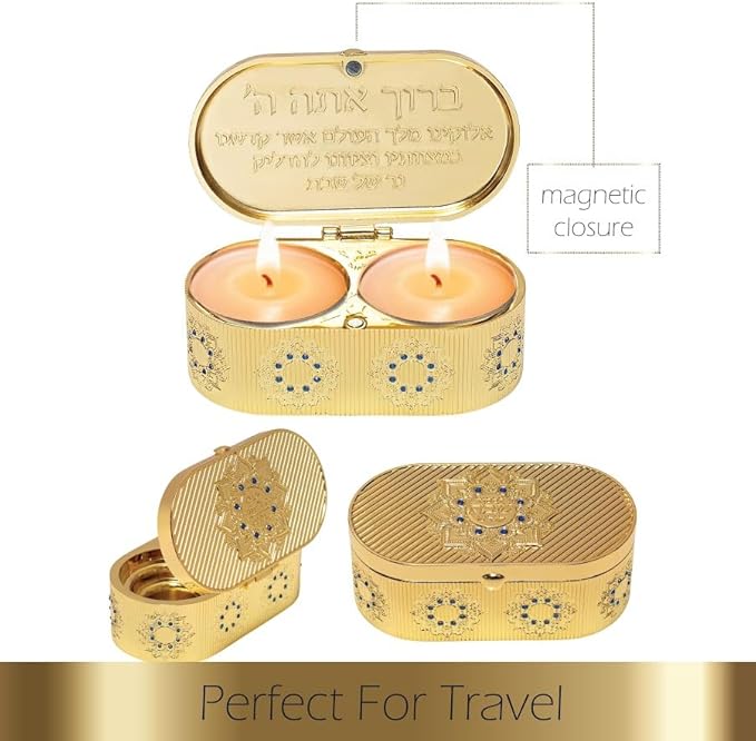 Beautiful Candle Holders that Will Enhance Your Home Décor for Jewish Shabbat or Holidays,A Wonderful Gift for Mother's Day -with Deluxe Engraved Design. (Gold Hoshen Stones)
