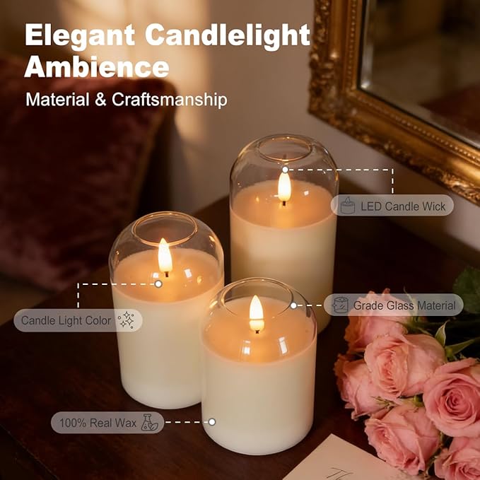 Rechargeable Glass Jar Flameless Candles, Realistic Flickering LED Pillar Real Wax Candle with Remote Control and Timer, Ideal for Living Room, Bedroom & Easter Home Décor, 1 Set of 3