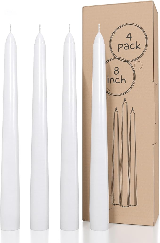 CANDWAX 8 inch White Taper Candles Set of 4 - Unscented Dripless Tapers - Smokeless Christmas Tapers - 6 Hours Burning Time Tapered White Candlesticks - Christmas Candle Sticks