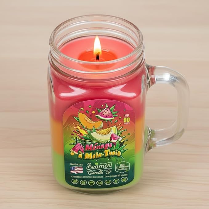 Beamer Candle Co. - Ménage Á Mela Trois Candle – Watermelon, Cantaloupe & Honeydew - Sweet Melon Scent - Odor Eliminating - High Fragrance - Large 12oz Mason Jar - 90 Hour Burn Time