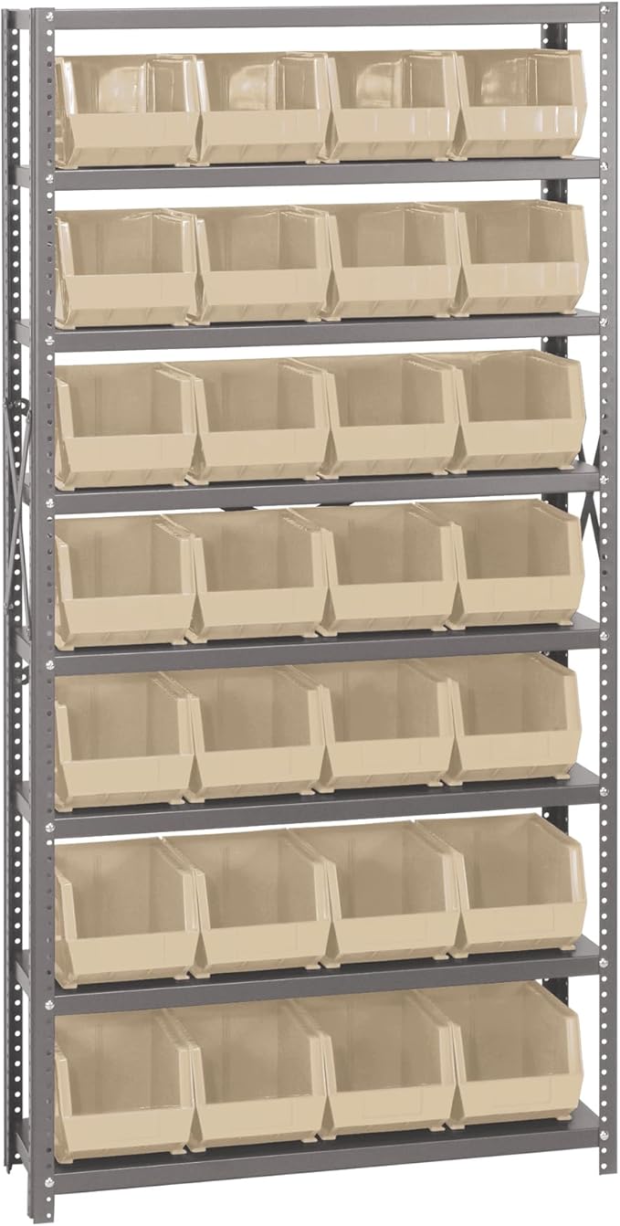 Quantum Storage Systems QSBU-239IV Giant Open Hopper Steel Shelving System, 12" D x 36" W x 75" H, with 8 Shelves and 28 QUS239 Bins, Ivory