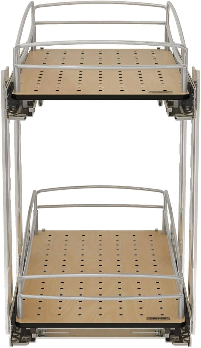 Rev-A-Shelf 2 Tier Pull Out Kitchen Cabinet Storage Organizer with Solid Bottom & Undermount Soft-Close Full Extension Slides, 54BK-12SC-2-1