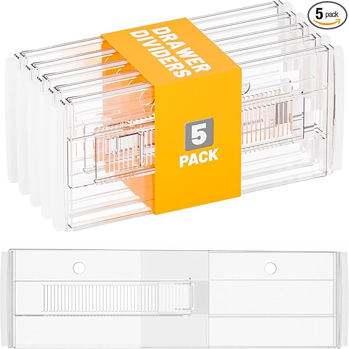 5 Pack Adjustable Drawer Dividers (12.3-18") 6" High Expandable Clear Drawer Dividers for Kitchen, Bedroom & Office Dresser Drawer Organizers for Clothes, Utensils and Baby Nursery Storage