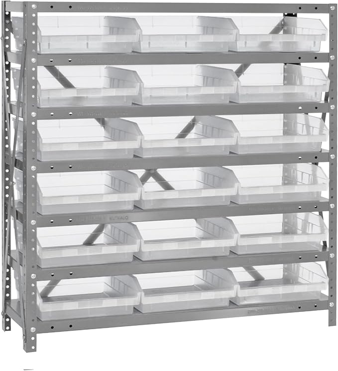 Quantum Storage Systems 1239-109CL Clear-View Sloped Shelving Unit with 4" Shelf Bins, 18 QSB109 Shelf Units, 12" D x 36" W x 39" H