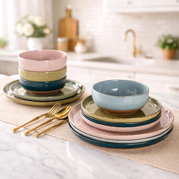 AmorArc Ceramic Dinnerware Sets for 4, 12 Pieces Handpainted Plates and Bowls Set with Rustic Terracotta Underside, Scratch Resistant Stoneware Dishes Set, Dishwasher & Microwave Safe, Multi-Color