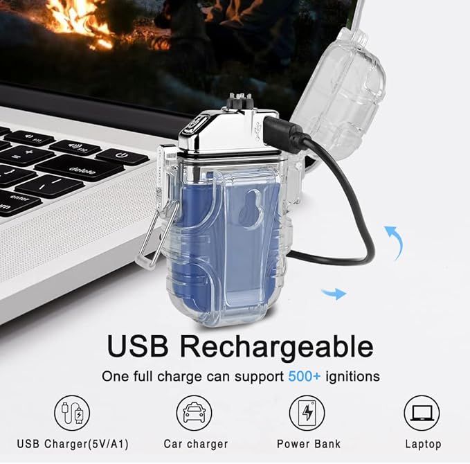 SUPRUS Waterproof 3 Modes of Flashlight Windproof Lighter Dual Arc Electric Rechargeable Dual Arc Plasma Lighter with Survival Emergency Whistle and Lanyard (Blue)