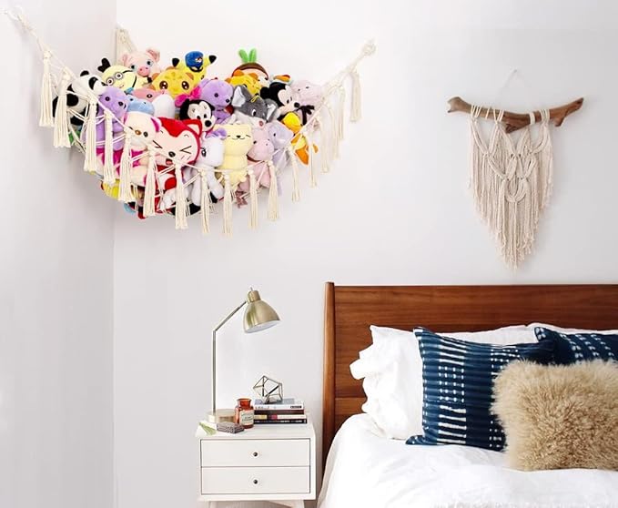YKBU Stuffed Animals Hammock Corner Hanging Net with Wooden Beads Macrame Stuffed Animal Storage Ideas Plush Holder Toy Organizer for Boho Nursery Playroom Bedroom Kids Room Decor (cream, X-Large)