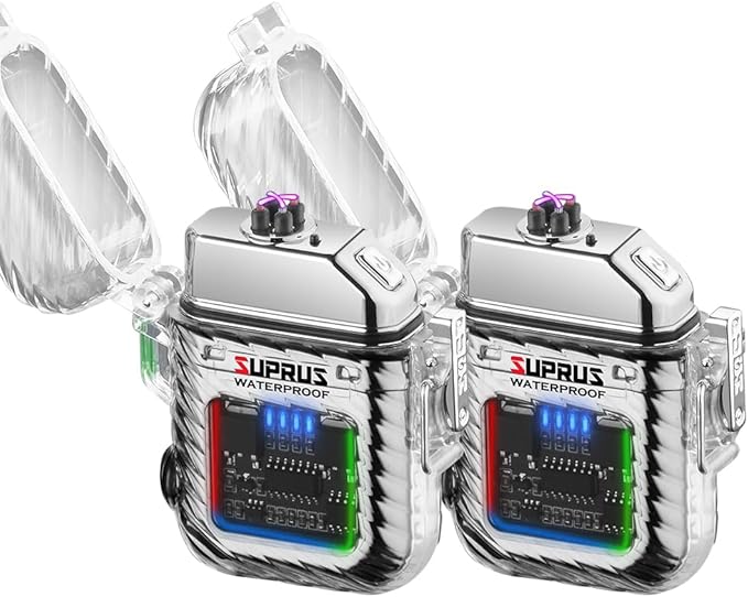SUPRUS Waterproof Luminous Lighter of Flashlight Windproof Arc Electric Lighters Rechargeable Dual Arc Plasma (Sliver, 2Packs)