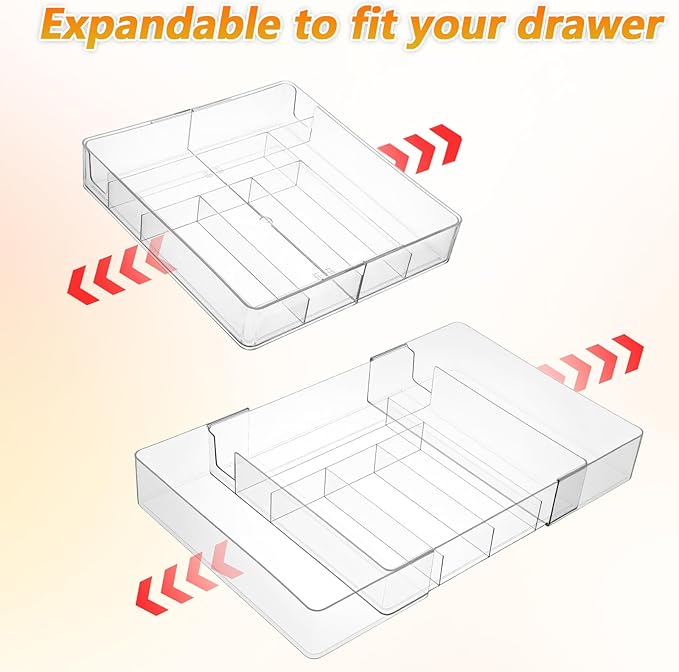 2 Pcs Clear Expandable Drawer Organizer, Adjustable Drawer Dividers Tray with Compartments for Office, Kitchen, Desk Supplies