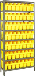 Quantum 1275-SB801YL Heavy Duty Shelving Unit with (8) Shelve and (56) QSB801 Yellow Bins for Garage Warehouse Storage Distribution | 400 lb Load Capacity | 12"D x 36"L x 75"H, Galvanized Carbon Steel