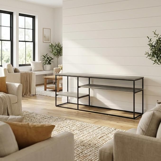 Furnifact Grey French Oak TV Stand for 65 Inch TVs, Modern Wooden Media Console, Durable Construction, Versatile Storage, Contemporary Living Room Style