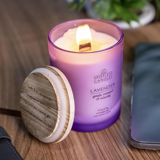 Lavender Candle 9.7 oz: 55 Hrs Burn Time - Lavender Scented Candles in Frosted Glass Jar with Wooden Crackling Wick in a Luxurious Gold Foil Lined Gift Box