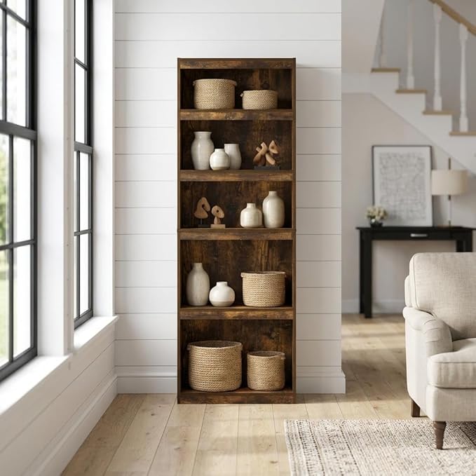 Furnifact Amber Pine 5-Tier Shelf Bookcase, Durable Wood Construction, Multi-Functional Storage, Stylish Rustic Finish, Suitable for Living Room or Office