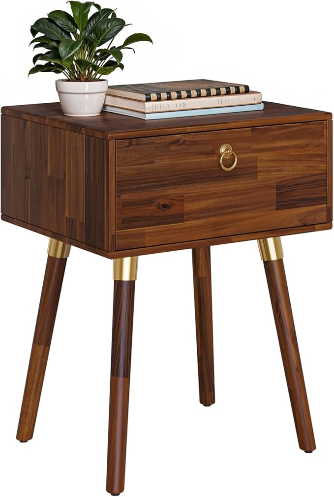 Bme Alden Solid Wood Nightstand/Side Table/End Table, Fully Assembled, with 1-Drawer for Mid Century Bedroom and Living Room, (12mm), Dark Chocolate