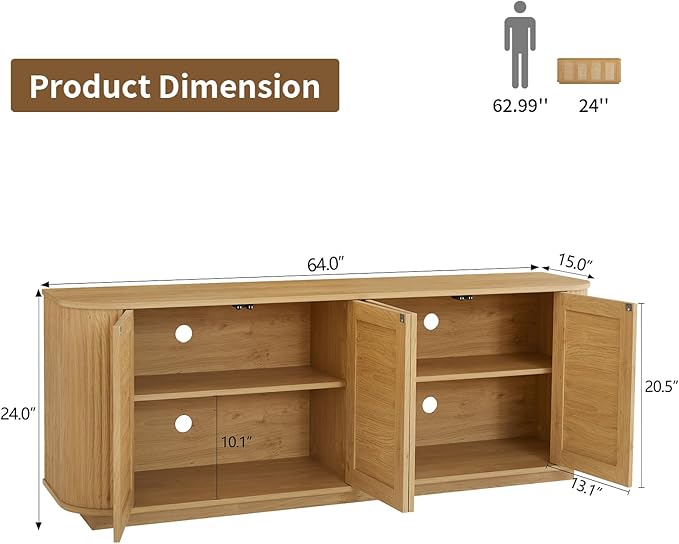 64" Sideboard Buffet Rattan Cabinet, Modern Fluted Credenza with Adjustable Shelves, Wooden Storage Cabinet TV Stand for Living Room Kitchen Dining Room Hallway, Natural