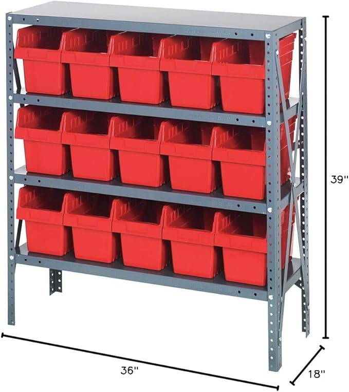 Quantum Storage Systems 1839-SB804RD Solid Heavy Duty 4 Shelves 15 Store-MAX Red Bins 39" H x 36" W x 18" D
