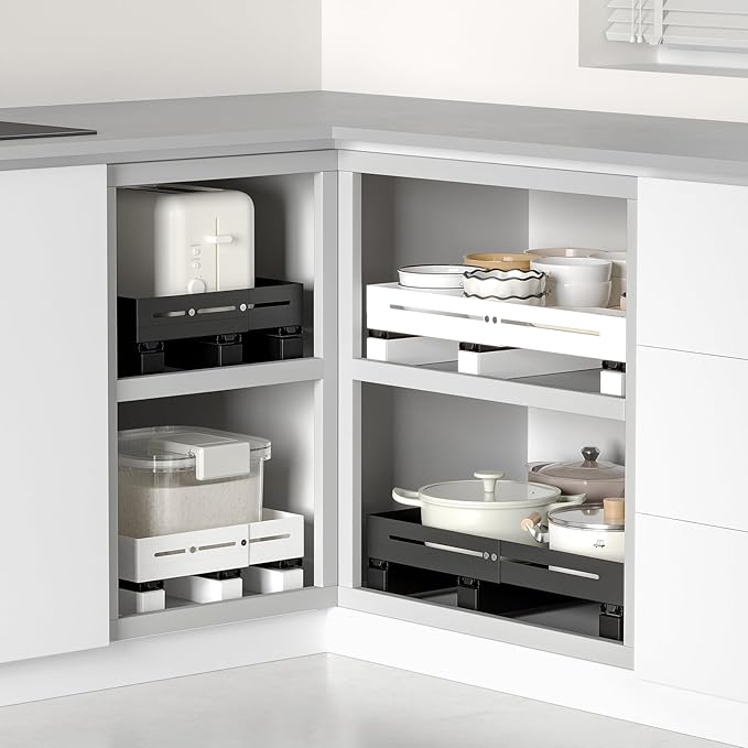 Pull Out Cabinet Organizer With Raising Pad for Framed Cabinets,Adjustable Depth(15.7"-24.4") And Width(12.8"-20.5"),Slide Out Drawers,No Drill Design,Heavy Duty Storing,White