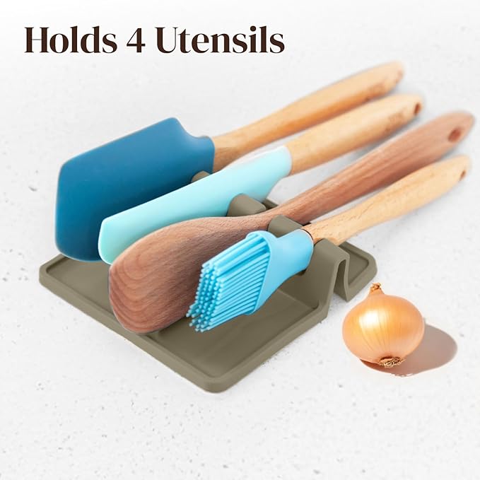 Cooler Kitchen Sage Silicone Spoon Rest for Stove Top with Drip Pad (Two Pack) - Heat Resistant BPA Free Utensil Rest & Spoon Holder for Kitchen Counter - Grill Utensil Holder - Spatula Holder