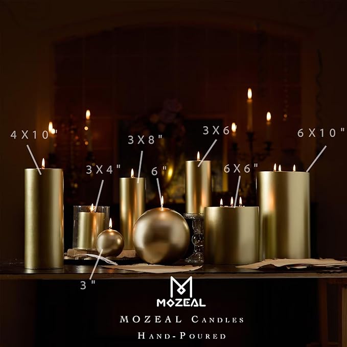MOZEAL 3" x 6" Hand-Poured Unscented Candle,Dripless Pillar Candle Set of 3,Long Lasting Burning,Approx 120 Hours Burn Time,Rustic Country Style,for Wedding,Dinner,Christmas and Home Decor,Gold