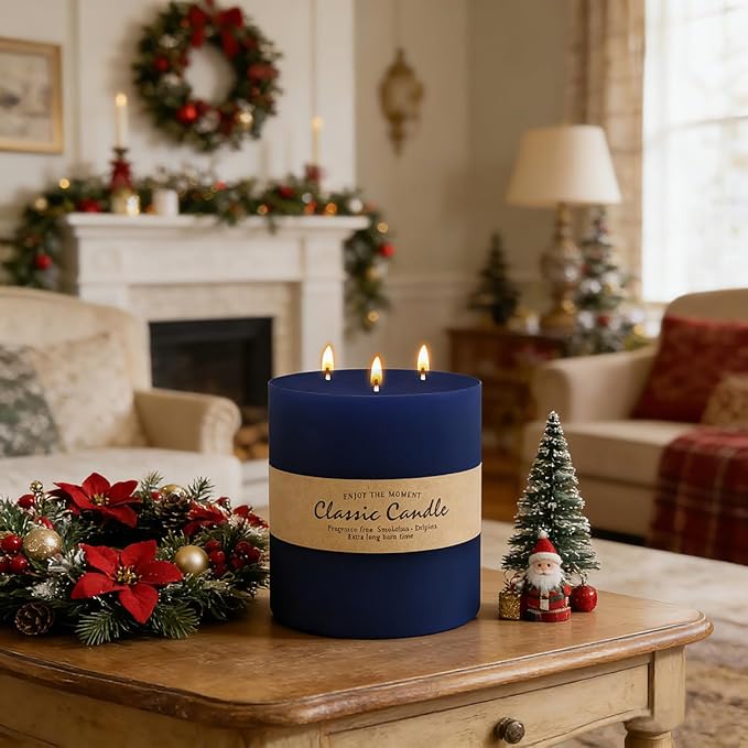 Large 3-Wick Navy Blue Pillar Candle - 6x6 Inch Dripless & Smokeless Unscented Fat Candle, 120 Hour Long Burning Hand-Poured Thick Candle with Cotton Wicks