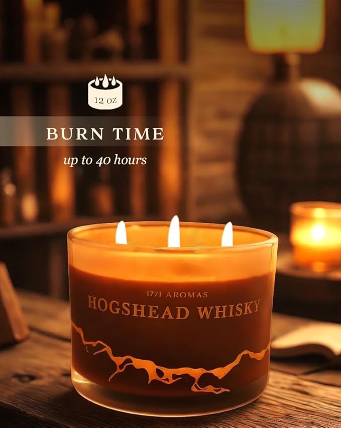 Hogshead Whisky Scented Candles - 100% Natural Soy Wax - Large 3 Wick Jar Candle - Up to 50 Hours Burning Time - Candles for Home - Gift-Ready Candle for Men & Women - Aromatherapy