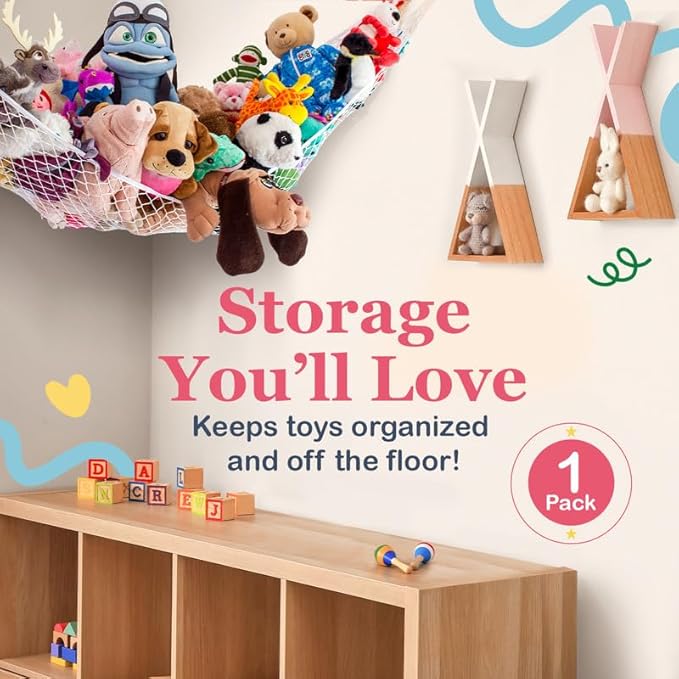 Lilly's Love Stuffed Animal Hammock | Corner Hanging Organizer, Toy Storage, Stuffed Animal Storage Net | Made From Quality Fishing Net, Holds 12lbs | 67"x47"x47" (Yellow)